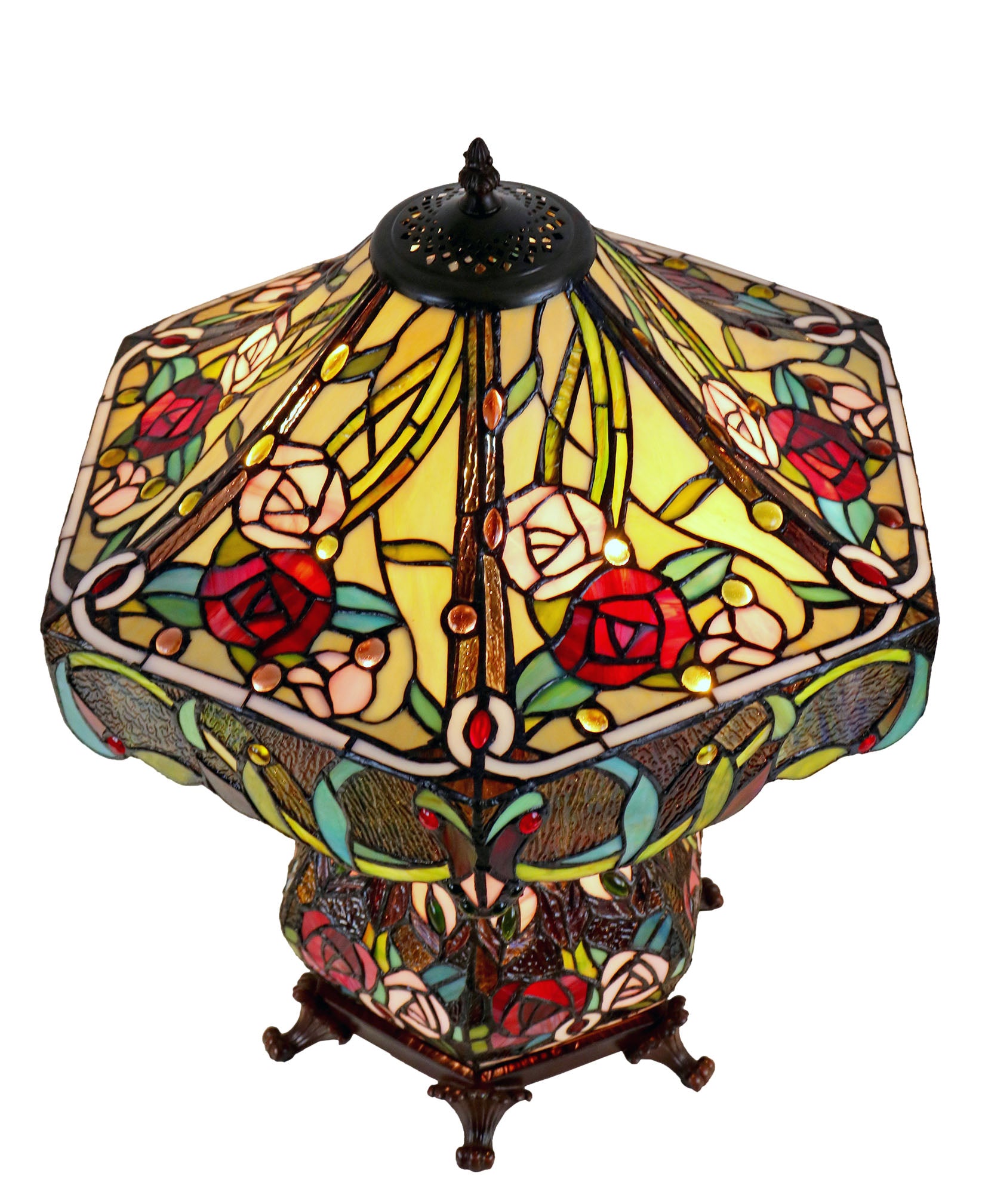 Large 18" Amazing Rose Flower Leaf  Tiffany Table Lamp with Lighted Base