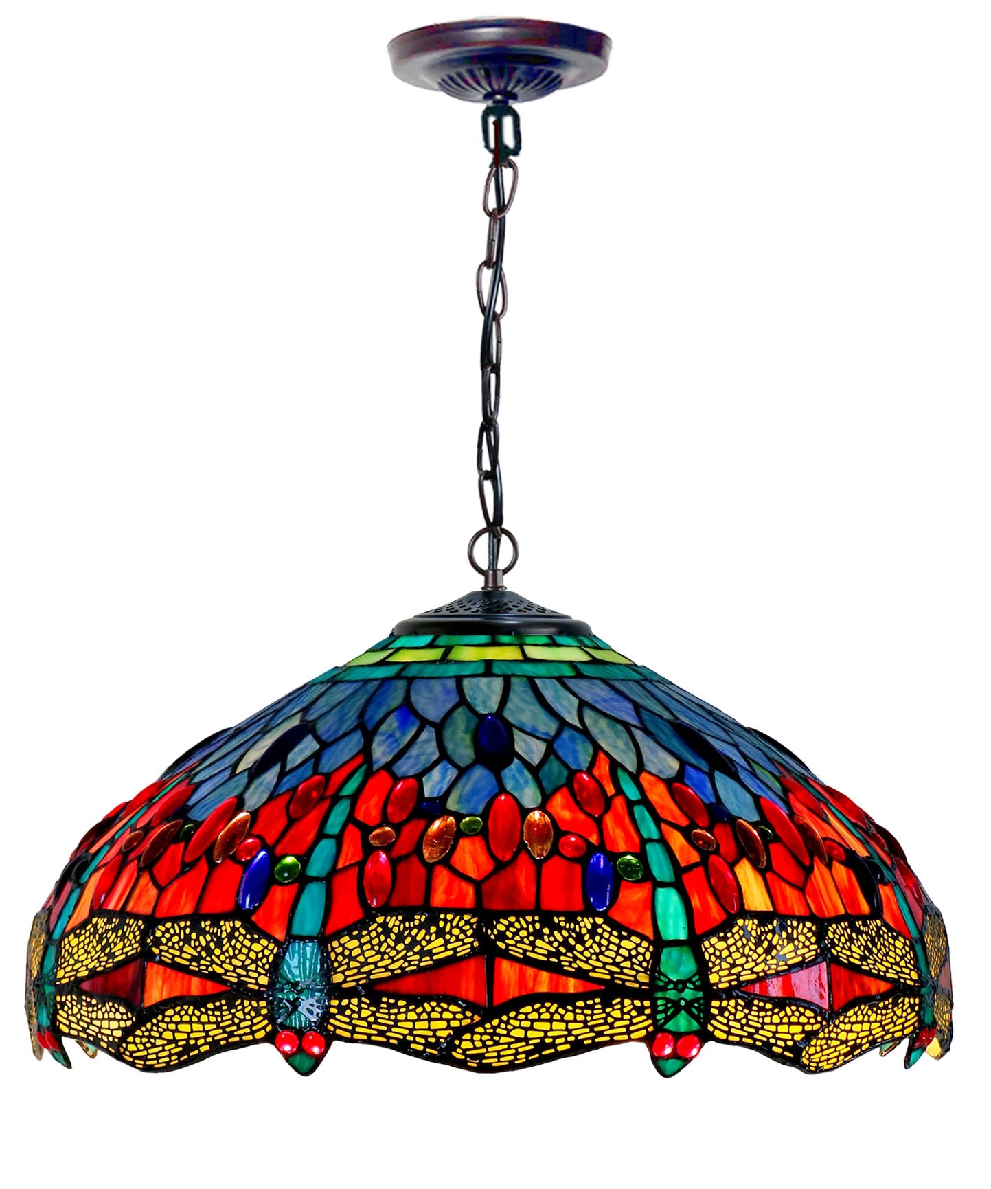 Huge 18" Red Blue Dragonfly Style Stained Glass Tiffany Hanging Light