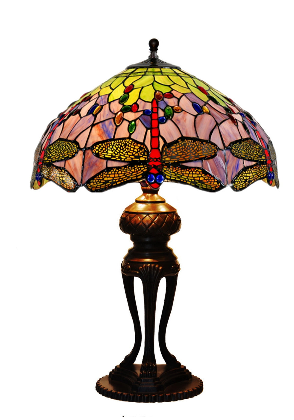 Huge 20" Tiffany Reproduction Green Purple Traditional Dragonfly Table Lamp