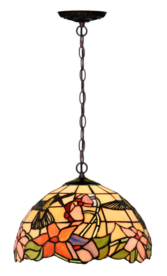 12" Hummingbird Style  Floral Stained Glass Tiffany Pendant Light