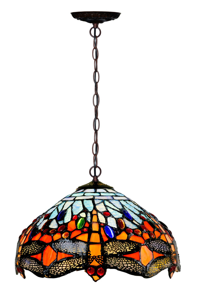 11" Traditional Red Blue Dragonfly Style Flower Tiffany Pendant Light