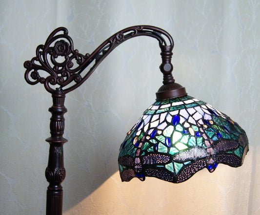 Blue Dragonfly Style Leadlight Stained Glass Bridge Arm Tiffany  Floor Lamp