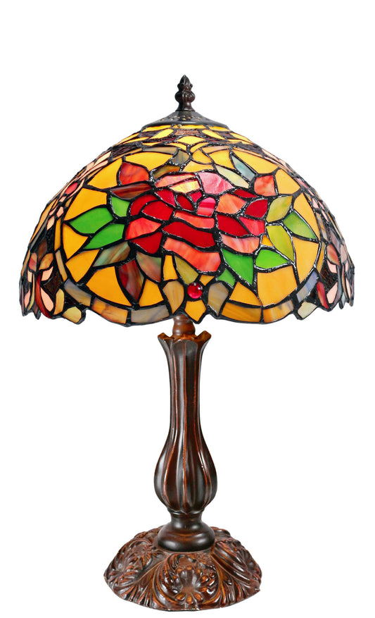 12" Red Camellia Tiffany-Style Bedside Lamp