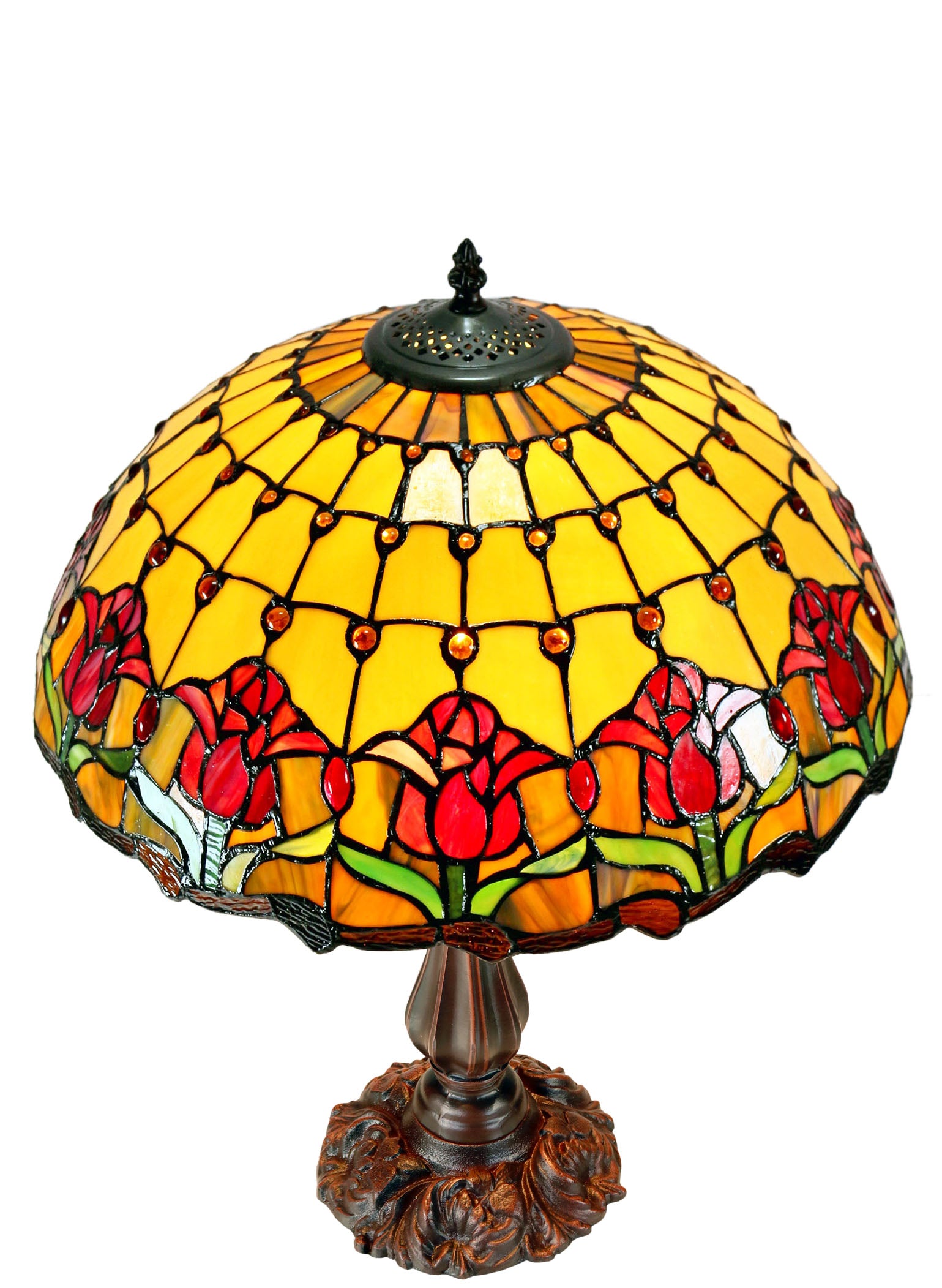 Large 17"  Red Tulip Style Leadlight Stained Glass Tiffany Table Lamp