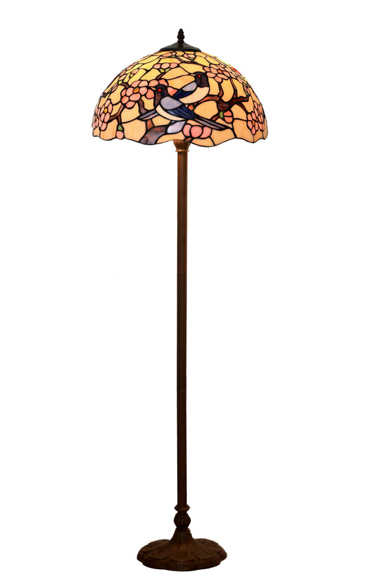 Large 16" Magpies Bird cherry blossom Stained Glass Tiffany Floor Lamp