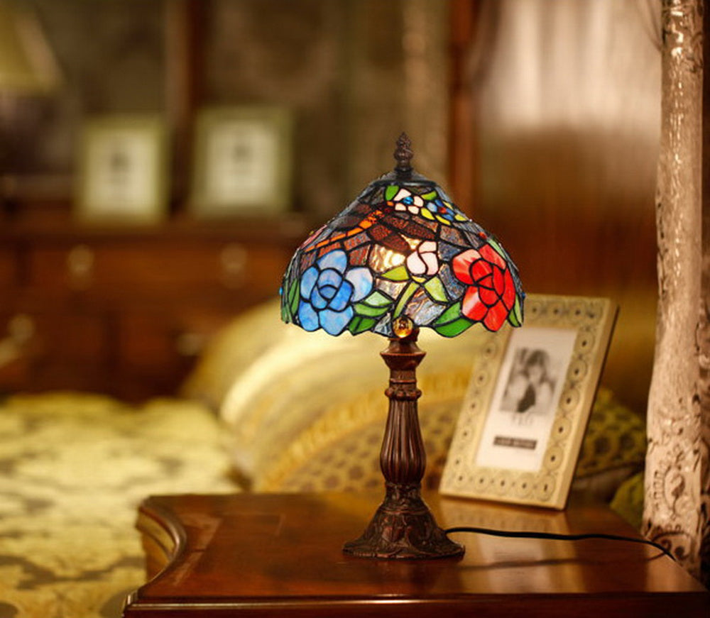 Classical 8" Dragonfly Flower Tiffany Mini Table Lamp