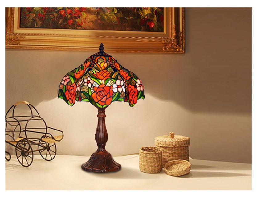 12" Jeweled Rose Style Leadlight Stained Glass Tiffany Bedside Lamp