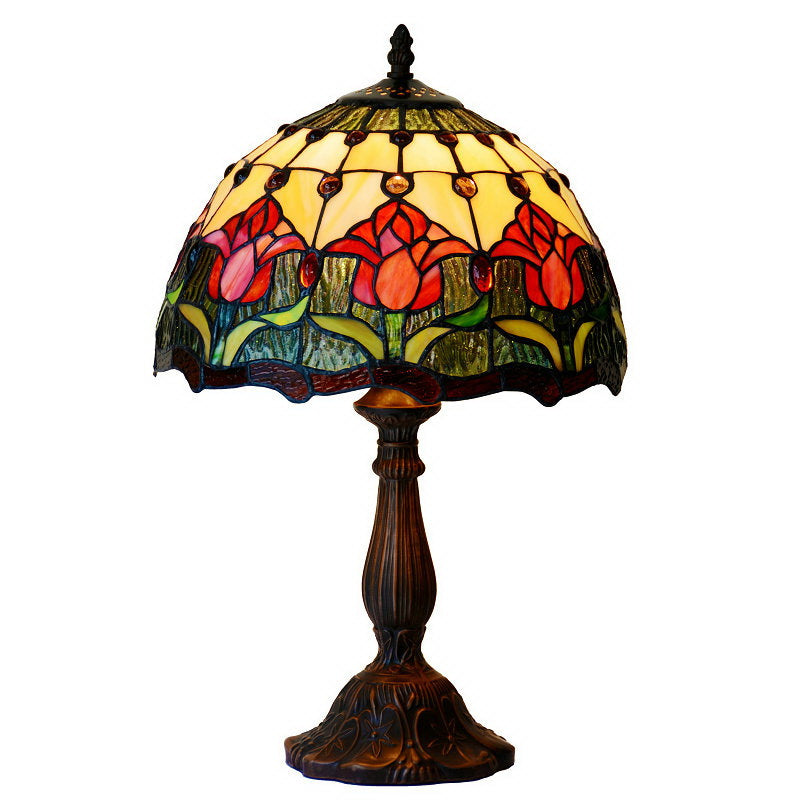 12" Red Tulip Style Tiffany Bedside Lamp