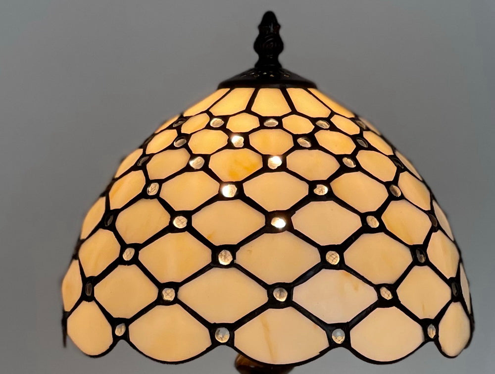 Elegant 10" Tiffany Bedside Lamp Cream Stained Glass Crystal Bead Style Table Reading Lamp