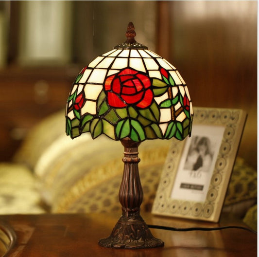 Elegant  8" Red Rose Style Tiffany Mini Table Lamp