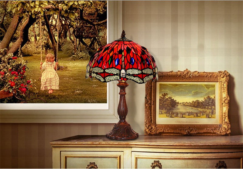 12"  Classical Red Dragonfly Style Tiffany Bedside Lamp