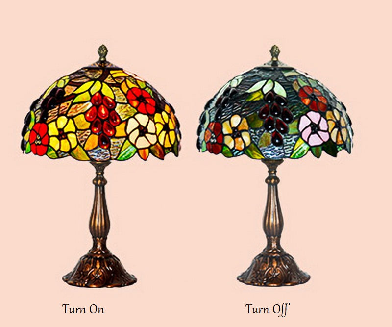 12" Grape and Flower Style Tiffany Bedside Lamp
