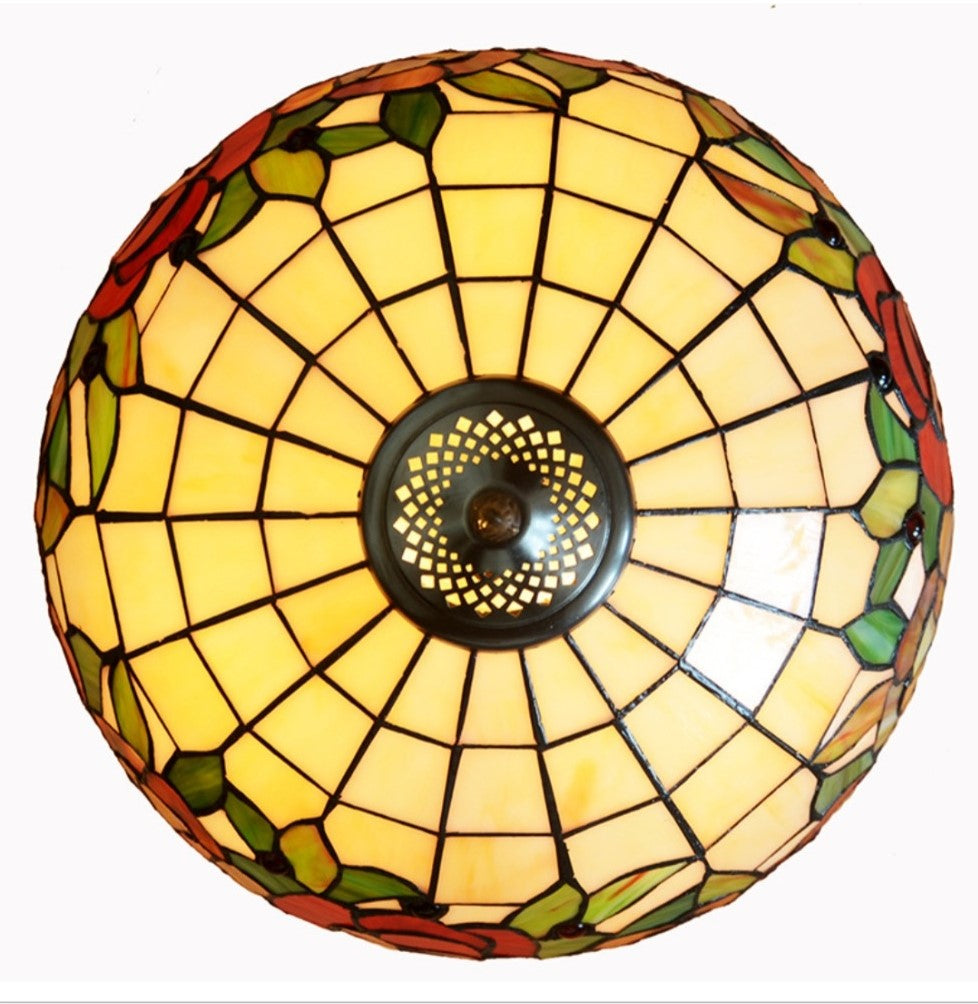 Large 16" Red Rose Leadlight Stained Glass Tiffany Table Lamp