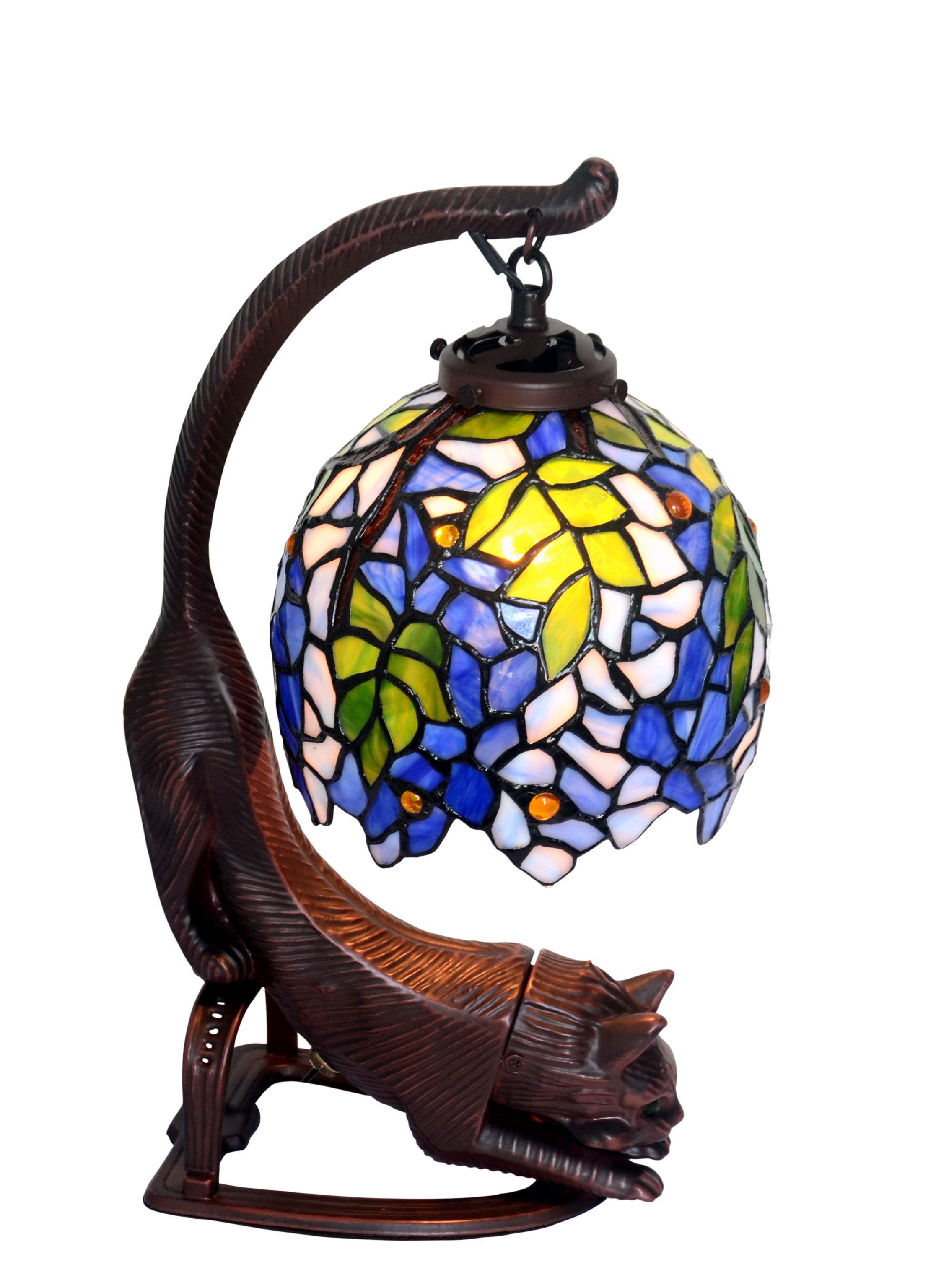 Cat Art Stained Glass Tiffany Blue Wisteria Table Desk Lamp Night Light eyes light up