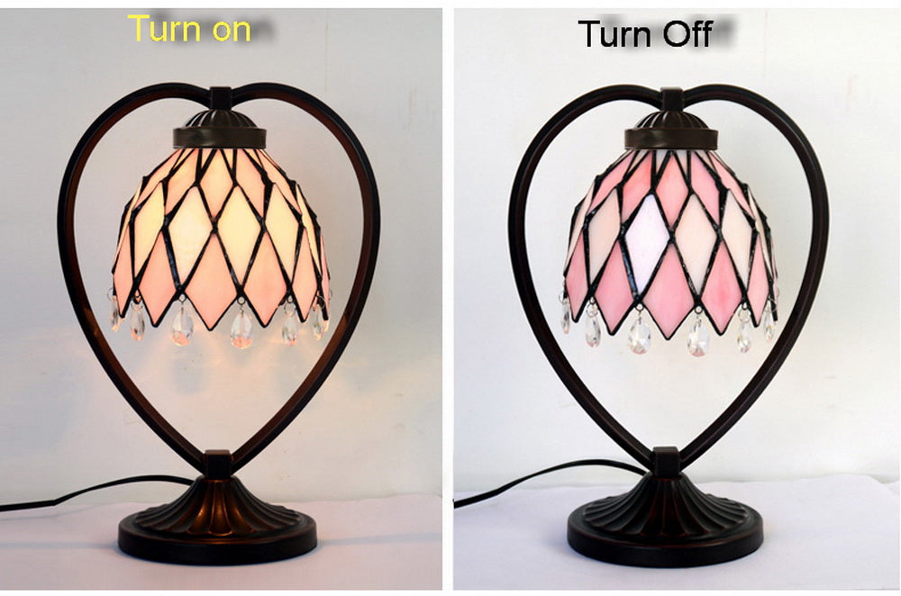 Pink Tiffany Style Stained Glass Table Lamp with Heart-shaped Metal Base