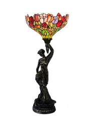 Art Deco Statue Of Liberty Torch Tiffany Stained Glass Red Tulip Accent Table Lamp