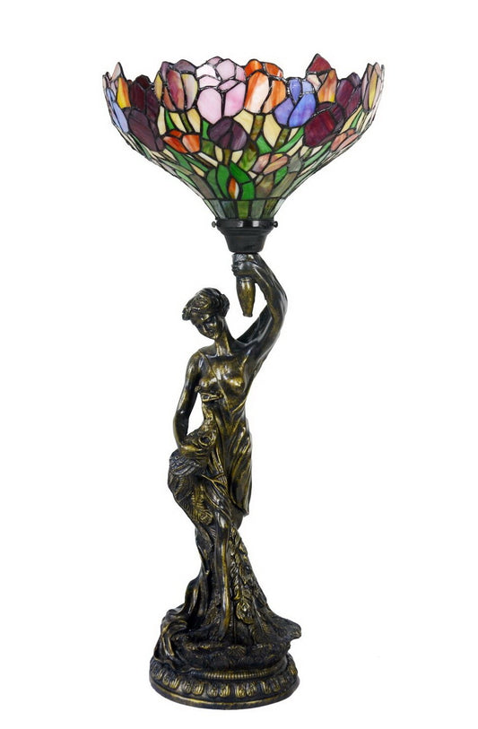 Art Deco Statue Of Liberty Torch Tiffany Stained Glass Red Tulip Accent Table Lamp
