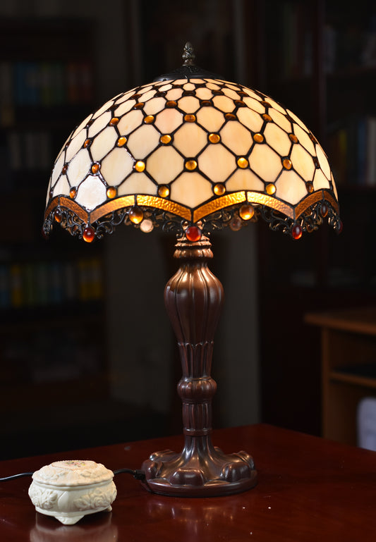 Large 16" Beaded Leadlight Stained Glass Tiffany Table Lamp