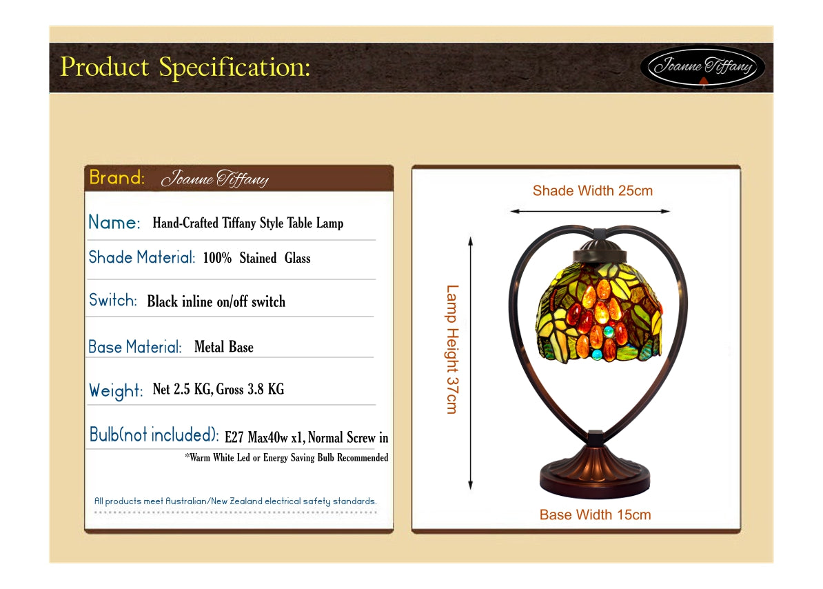 Rose Tiffany Style Stained Glass Table Lamp with Heart-shaped Metal Base