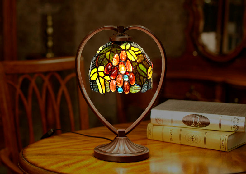 Grape Tiffany Style Stained Glass Table Lamp with Heart-shaped Metal Base