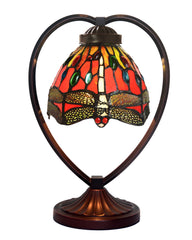 Dragonfly Tiffany Style Stained Glass Table Lamp with Heart-shaped Metal Base