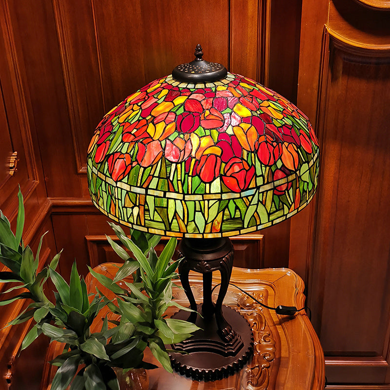 Huge 20 inches Wide Tiffany Reproduction Traditional Red Tulip Table Lamp
