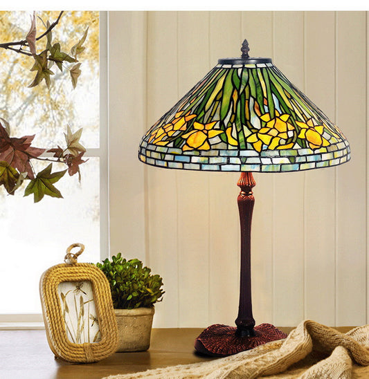 Legend Collection@Large 16" Daffodil Flower Stained Glass Tiffany Table Lamp