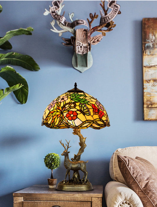 16” Large Tiffany Table lamp Dancing Butterflies on the flowers  with Reindeer Sculpture Base