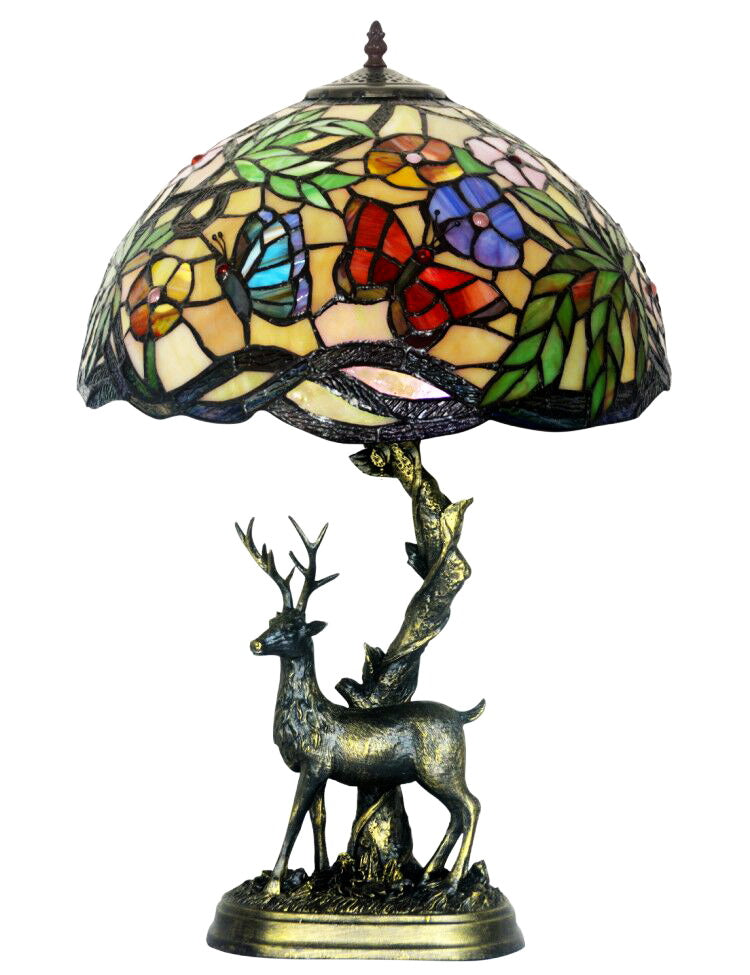 16” Large Tiffany Table lamp Dancing Butterflies on the flowers  with Reindeer Sculpture Base