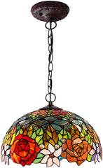 Large 16" Red Rose Tiffany Stained Glass Shade Downlight Tiffany Pendant Lights