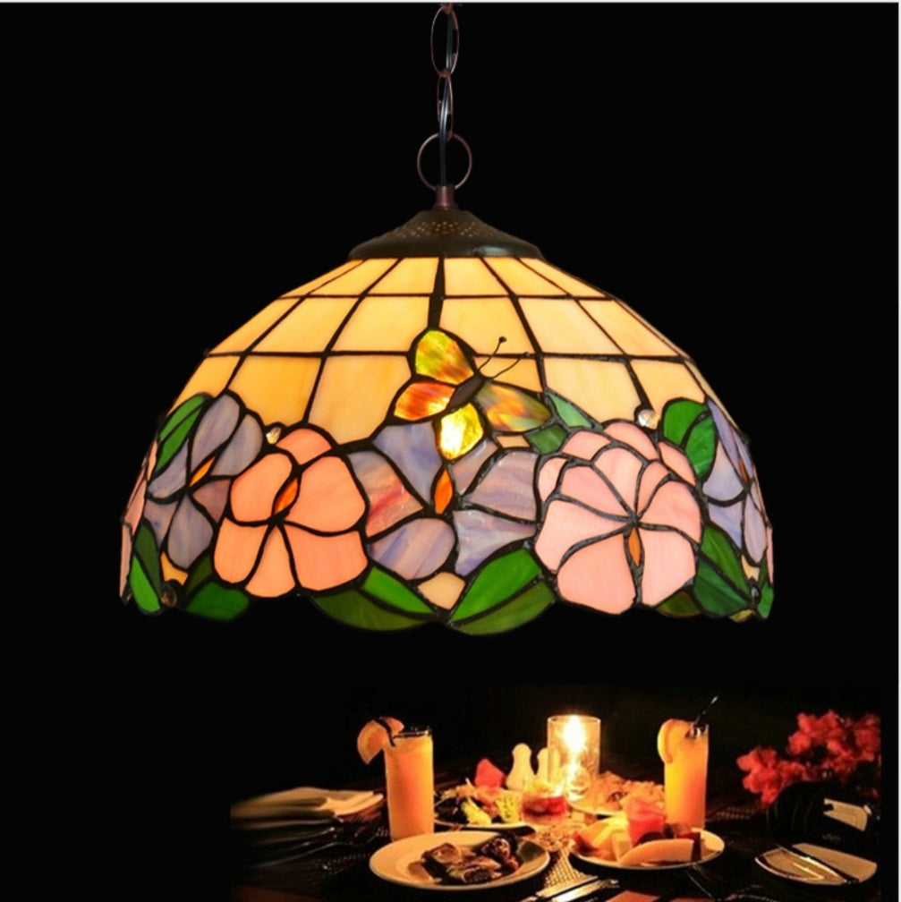 12" Butterfly Flower Stained Glass  Tiffany Hanging Light