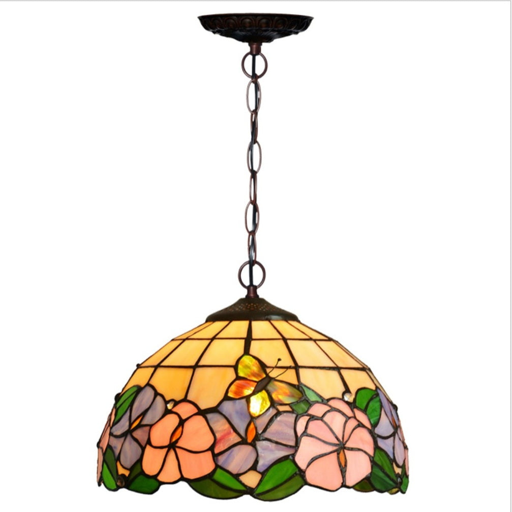 12" Butterfly Flower Stained Glass  Tiffany Hanging Light