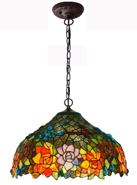 Large 17" Rose Stained Glass Tiffany Hanging Light