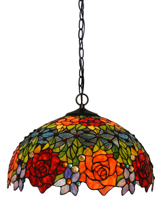 Large 18" Wide  Vintage Style Red Rose Stained Glass Leadlight Tiffany Pendant Light *Limited