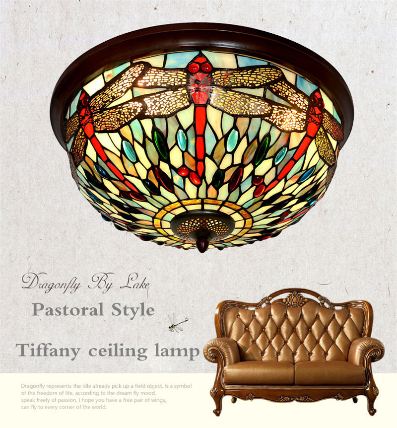 Large 3 lights Dragonfly Tiffany Style  Flush Mount Ceiling Lights