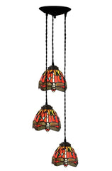 3 light Red Dragonfly Style Tiffany Stained Glass Pendant Lights