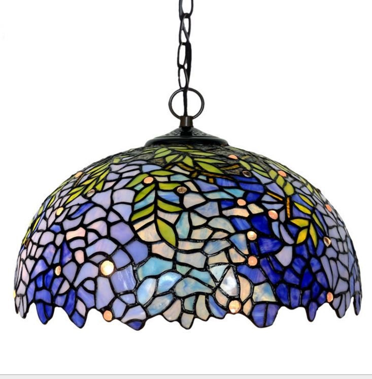 Large 16" Blue Wisteria Tiffany Stained Glass Shade Downlight Tiffany Pendant Lights