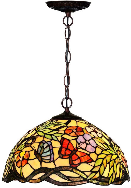 16" Flower Butterfly Style Stained Glass Leadlight Tiffany Pendant Light