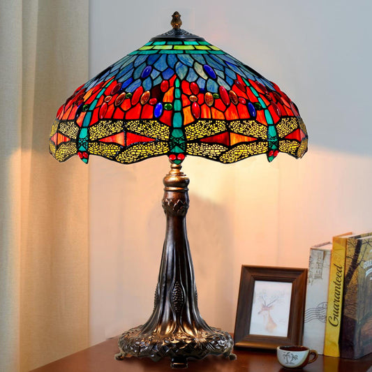 Timeless CollectionHuge @18 inches Blue Red Dragonfly Style Tiffany Table Lamp
