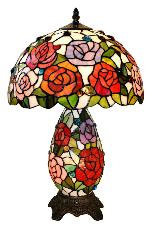 12" Traditional Rose Tiffany Table Lamp with Lighted Base