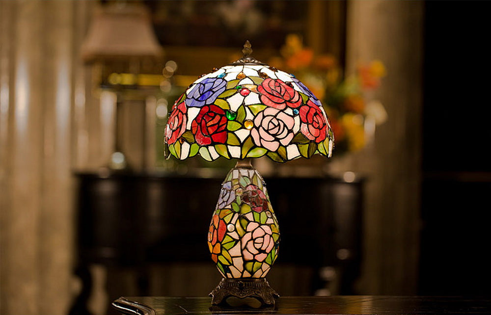 12" Traditional Rose Tiffany Table Lamp with Lighted Base