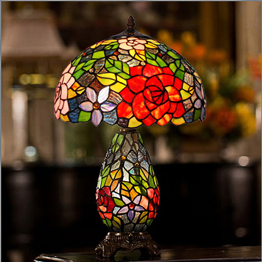 12" Traditional Rose Tiffany Table Lamp with Lighted Base