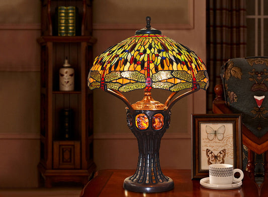 Limited Edition@Huge Tiffany Reproduction Double Lights Traditional Dragonfly Tiffany Table Lamp