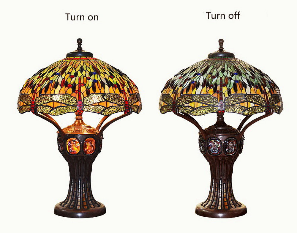 Limited Edition@Huge Tiffany Reproduction Double Lights Traditional Dragonfly Tiffany Table Lamp
