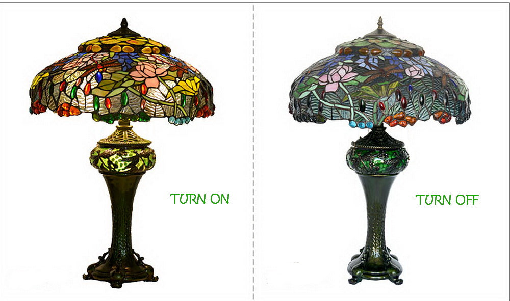 Limited Edition@Huge Tiffany Reproduction Double Lights Traditional Dragonfly Table Lamp