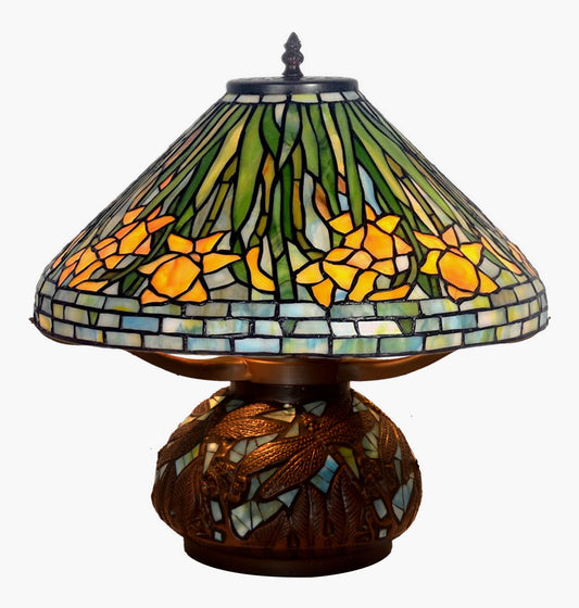 Legend Collection@Large 16" Daffodil Flower Stained Glass Tiffany Table Lamp with Mosaic Base