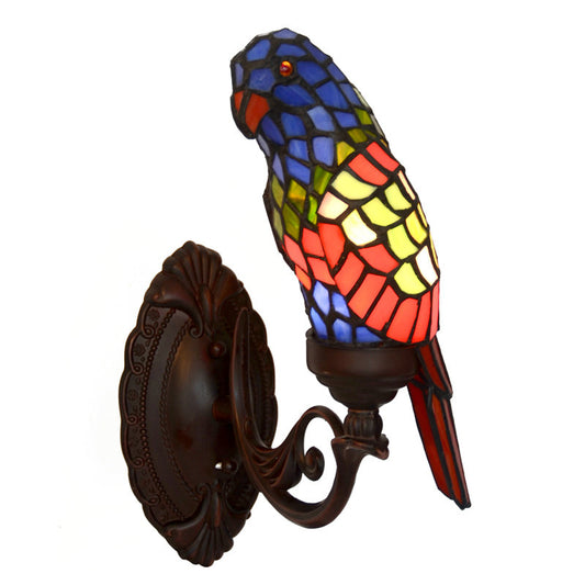 Navy Blue/Red Parrot Wall Lamp Tiffany Style Stained Glass Decorative Wall Sconce