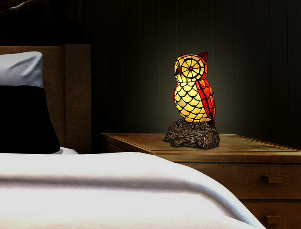 Vivid Red Owl  Tiffany Leadlight Art Deco Stained Glass Accent Lamp