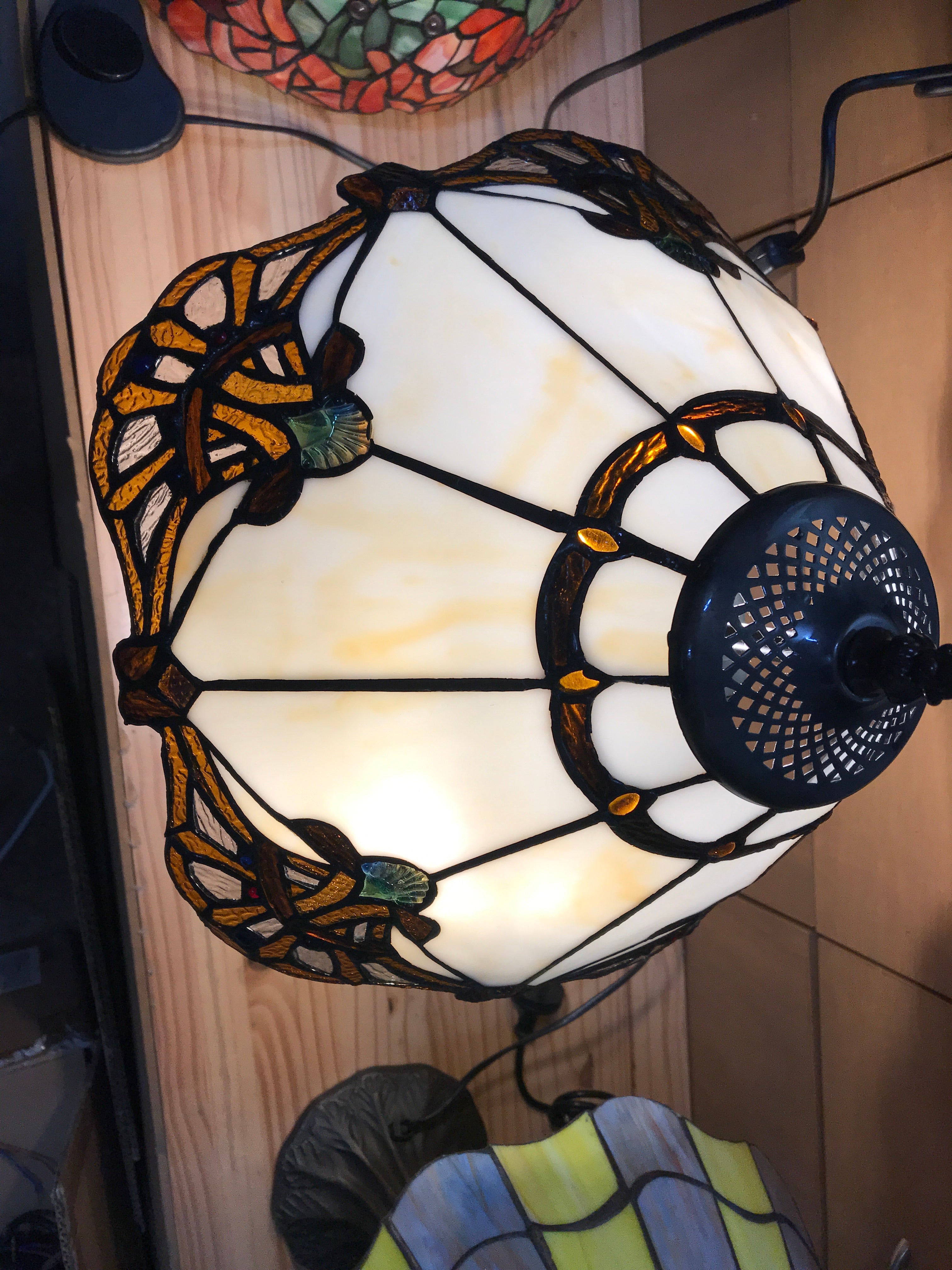 14" Beige Jewel Carousel Tiffany Bedside Lamp